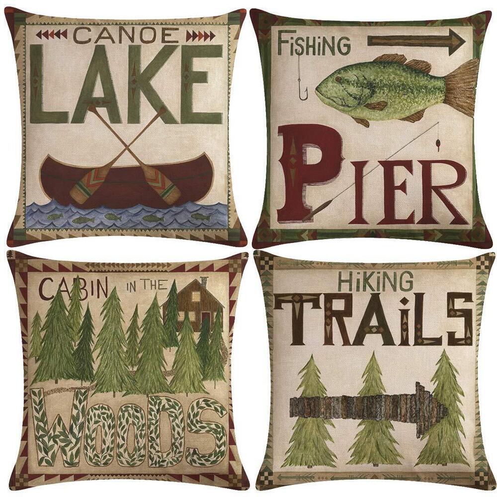 3965 Set of 4 Vintage Sea Pillow Covers Ocean Style Lake/Forest/Fish